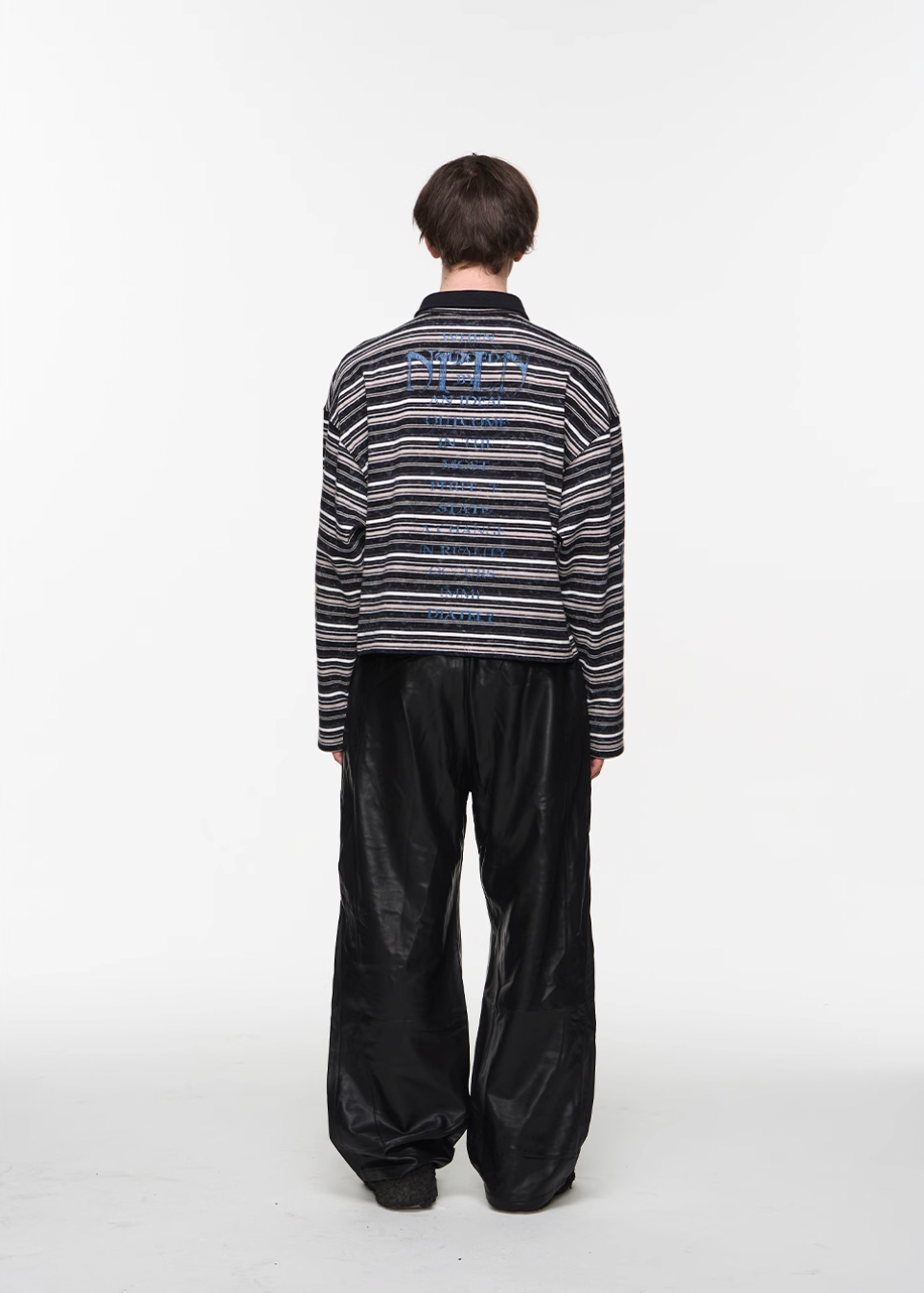 BLIND NO PLAN Washed Distressed Stripe Crackle Print Long Sleeve Polo