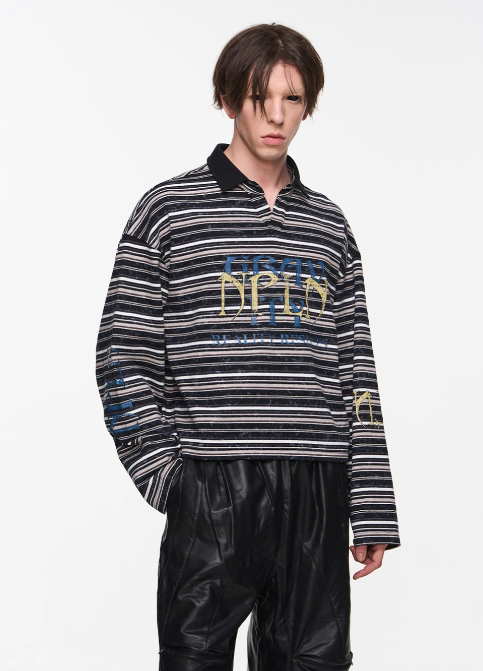 BLIND NO PLAN Washed Distressed Stripe Crackle Print Long Sleeve Polo