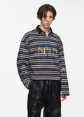 BLIND NO PLAN Washed Distressed Stripe Crackle Print Long Sleeve Polo