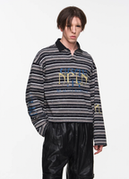 BLIND NO PLAN Washed Distressed Stripe Crackle Print Long Sleeve Polo