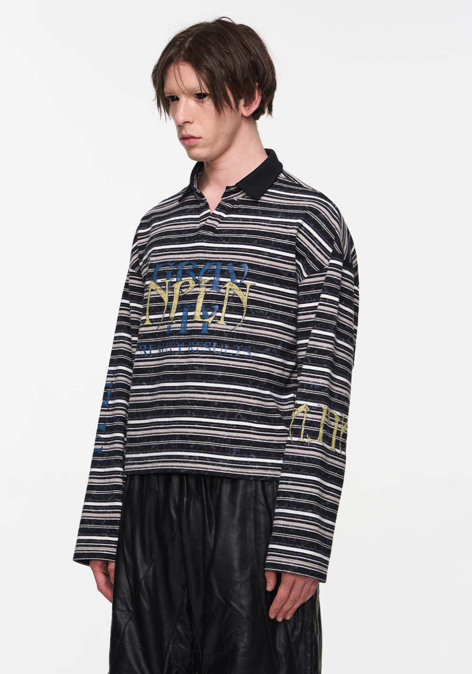 BLIND NO PLAN Washed Distressed Stripe Crackle Print Long Sleeve Polo