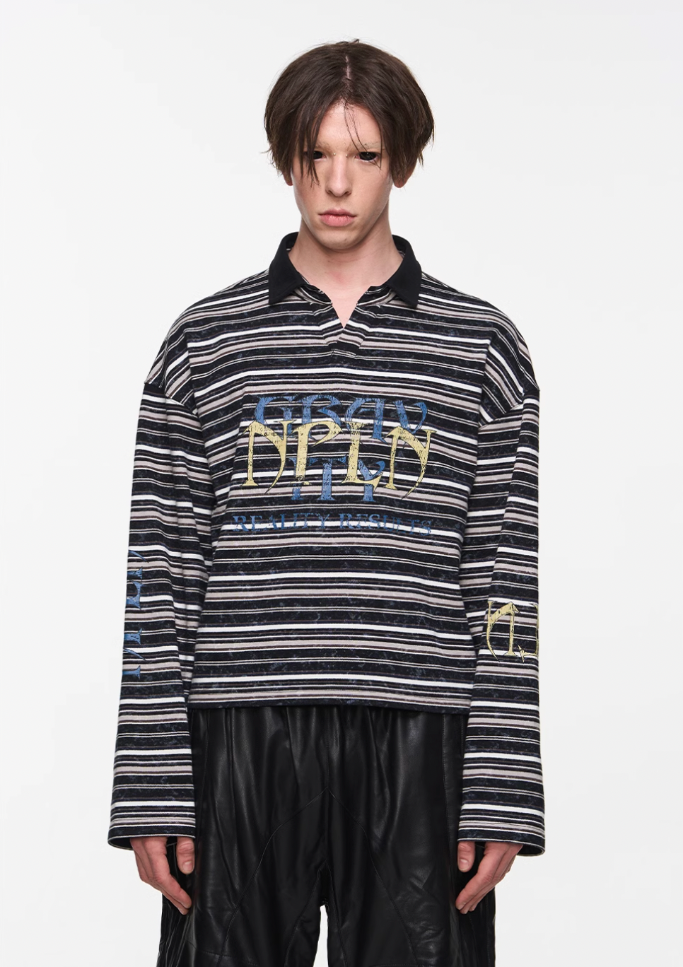 BLIND NO PLAN Washed Distressed Stripe Crackle Print Long Sleeve Polo