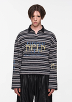 BLIND NO PLAN Washed Distressed Stripe Crackle Print Long Sleeve Polo