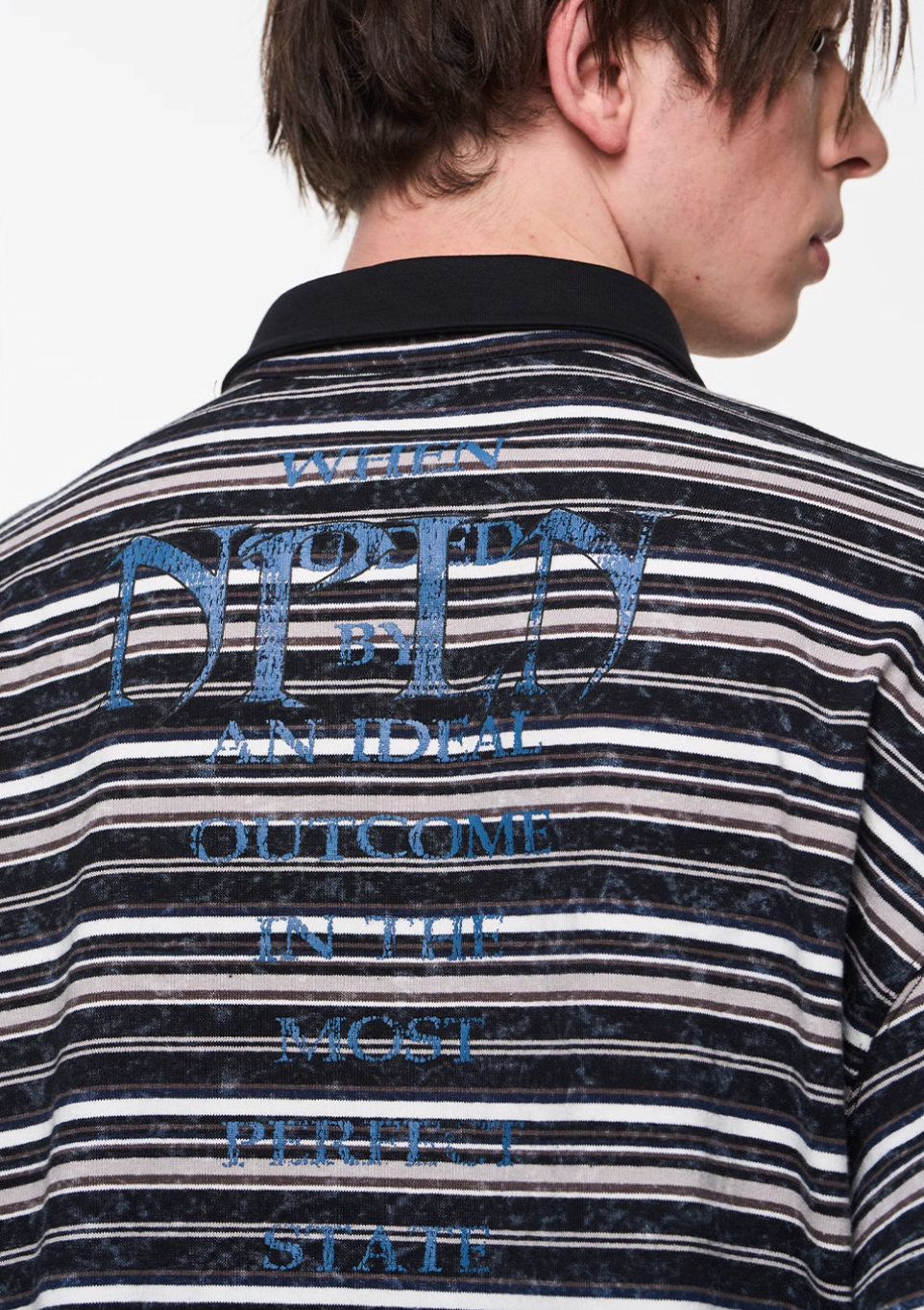 BLIND NO PLAN Washed Distressed Stripe Crackle Print Long Sleeve Polo