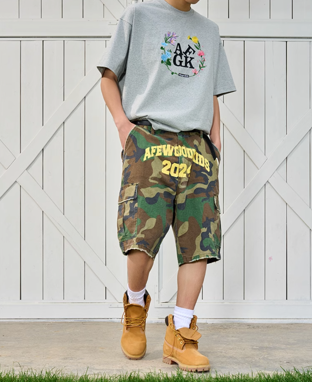 AFGK Logo Print Camouflage Destroyed Shorts