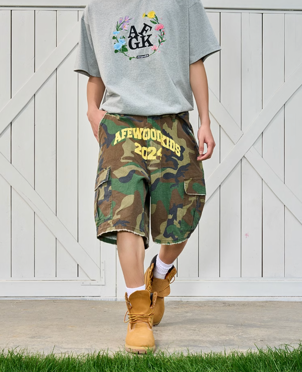 AFGK Logo Print Camouflage Destroyed Shorts