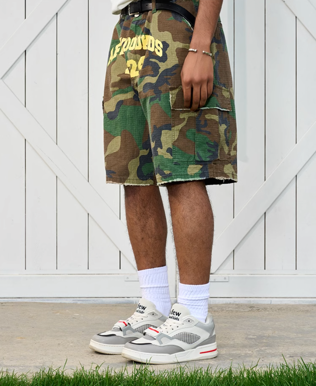 AFGK Logo Print Camouflage Destroyed Shorts