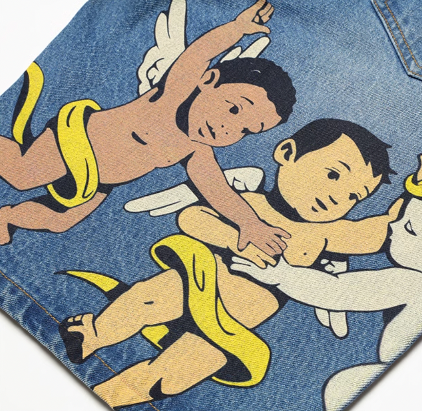 AFGK Three Angels Flame Embroidered Denim Shorts / Jorts