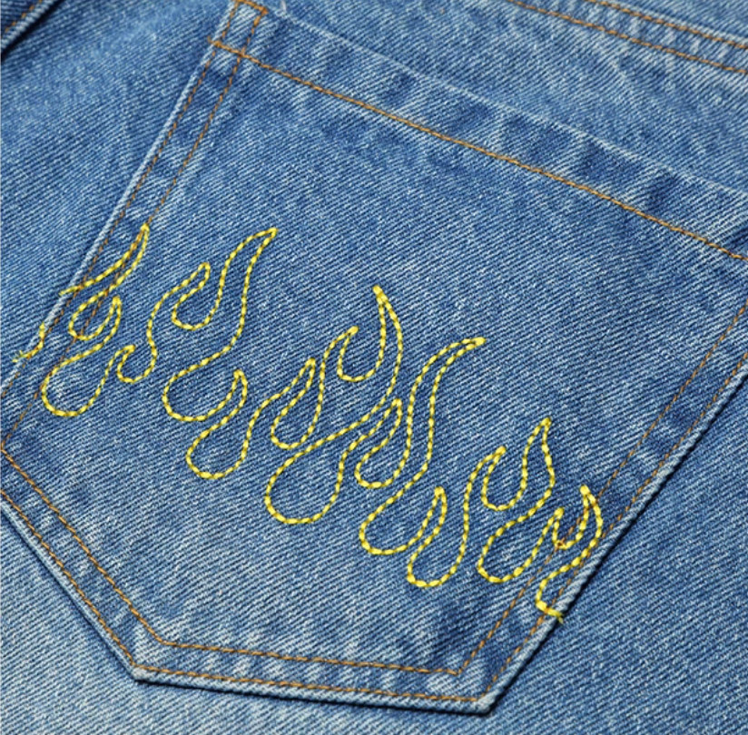 AFGK Three Angels Flame Embroidered Denim Shorts / Jorts