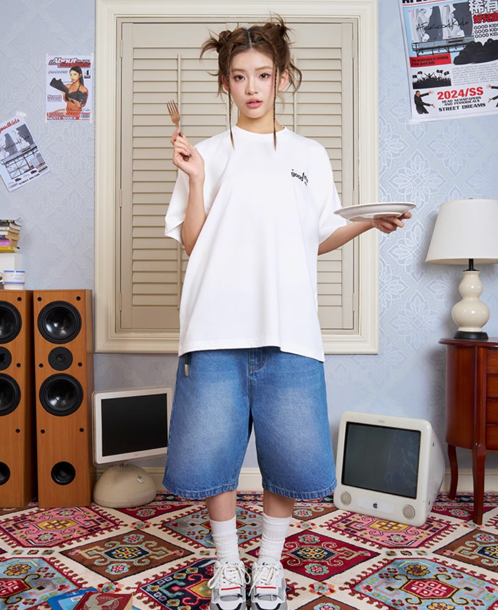 AFGK Three Angels Flame Embroidered Denim Shorts / Jorts