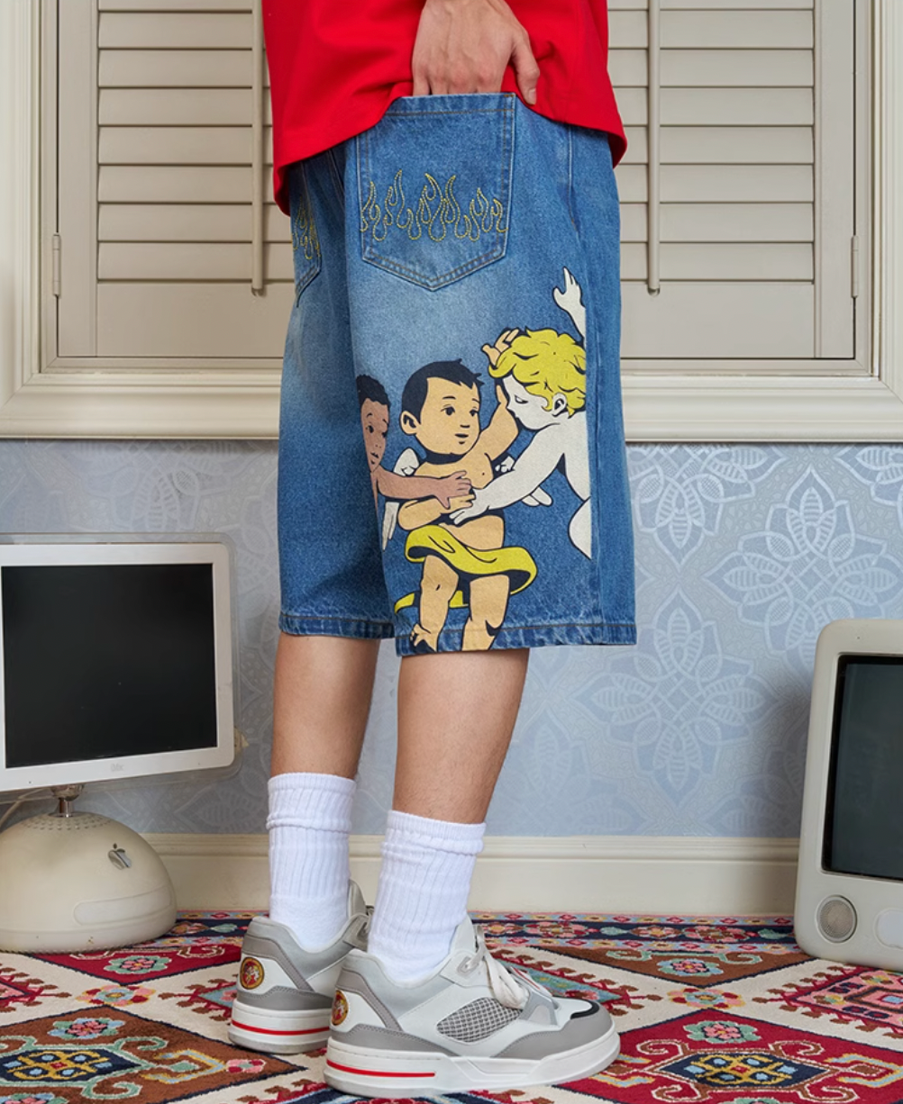 AFGK Three Angels Flame Embroidered Denim Shorts / Jorts