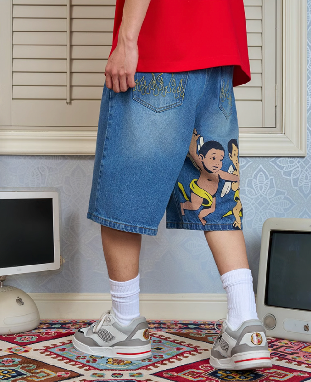 AFGK Three Angels Flame Embroidered Denim Shorts / Jorts