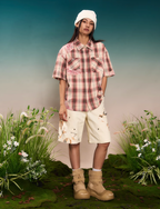 YADcrew Evening Lace Splicing Pink Plaid Short Sleeve Shirt