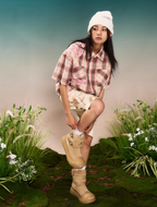 YADcrew Evening Lace Splicing Pink Plaid Short Sleeve Shirt