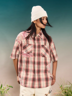 YADcrew Evening Lace Splicing Pink Plaid Short Sleeve Shirt