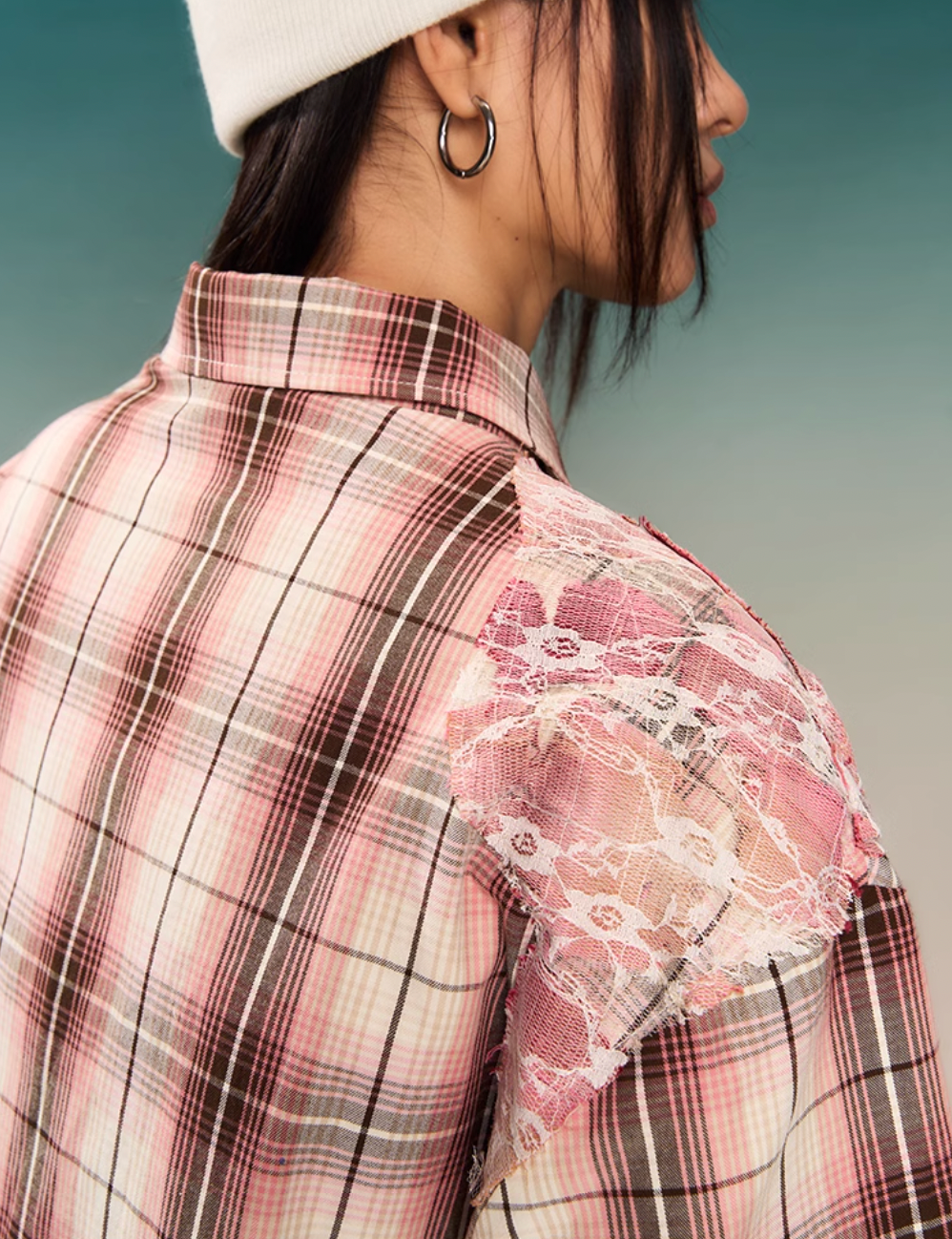 YADcrew Evening Lace Splicing Pink Plaid Short Sleeve Shirt