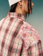 YADcrew Evening Lace Splicing Pink Plaid Short Sleeve Shirt