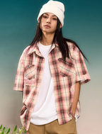 YADcrew Evening Lace Splicing Pink Plaid Short Sleeve Shirt