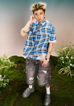 YADcrew Twisted Plaid Lace Splicing Short Sleeve Shirt