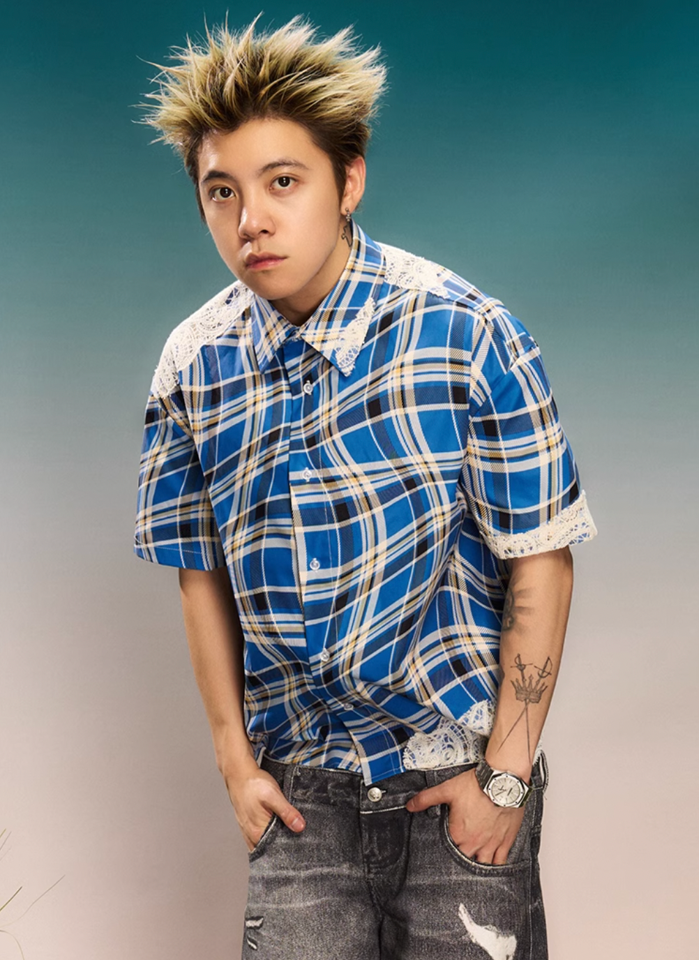 YADcrew Twisted Plaid Lace Splicing Short Sleeve Shirt