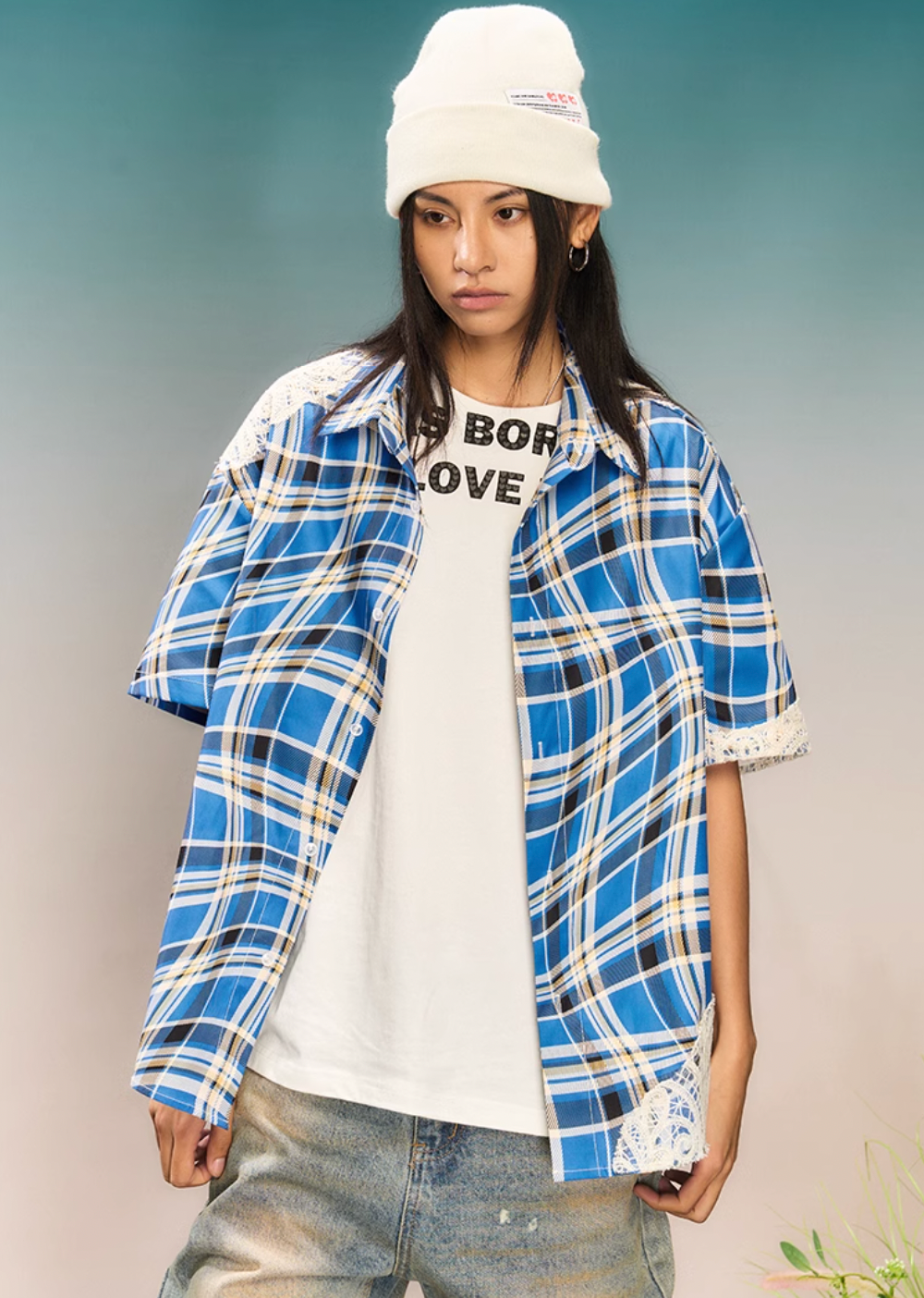 YADcrew Twisted Plaid Lace Splicing Short Sleeve Shirt