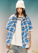 YADcrew Twisted Plaid Lace Splicing Short Sleeve Shirt