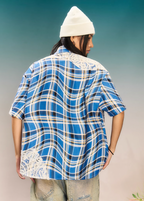 YADcrew Twisted Plaid Lace Splicing Short Sleeve Shirt