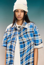 YADcrew Twisted Plaid Lace Splicing Short Sleeve Shirt