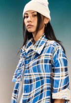 YADcrew Twisted Plaid Lace Splicing Short Sleeve Shirt