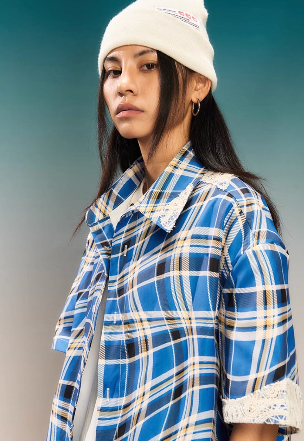 YADcrew Twisted Plaid Lace Splicing Short Sleeve Shirt