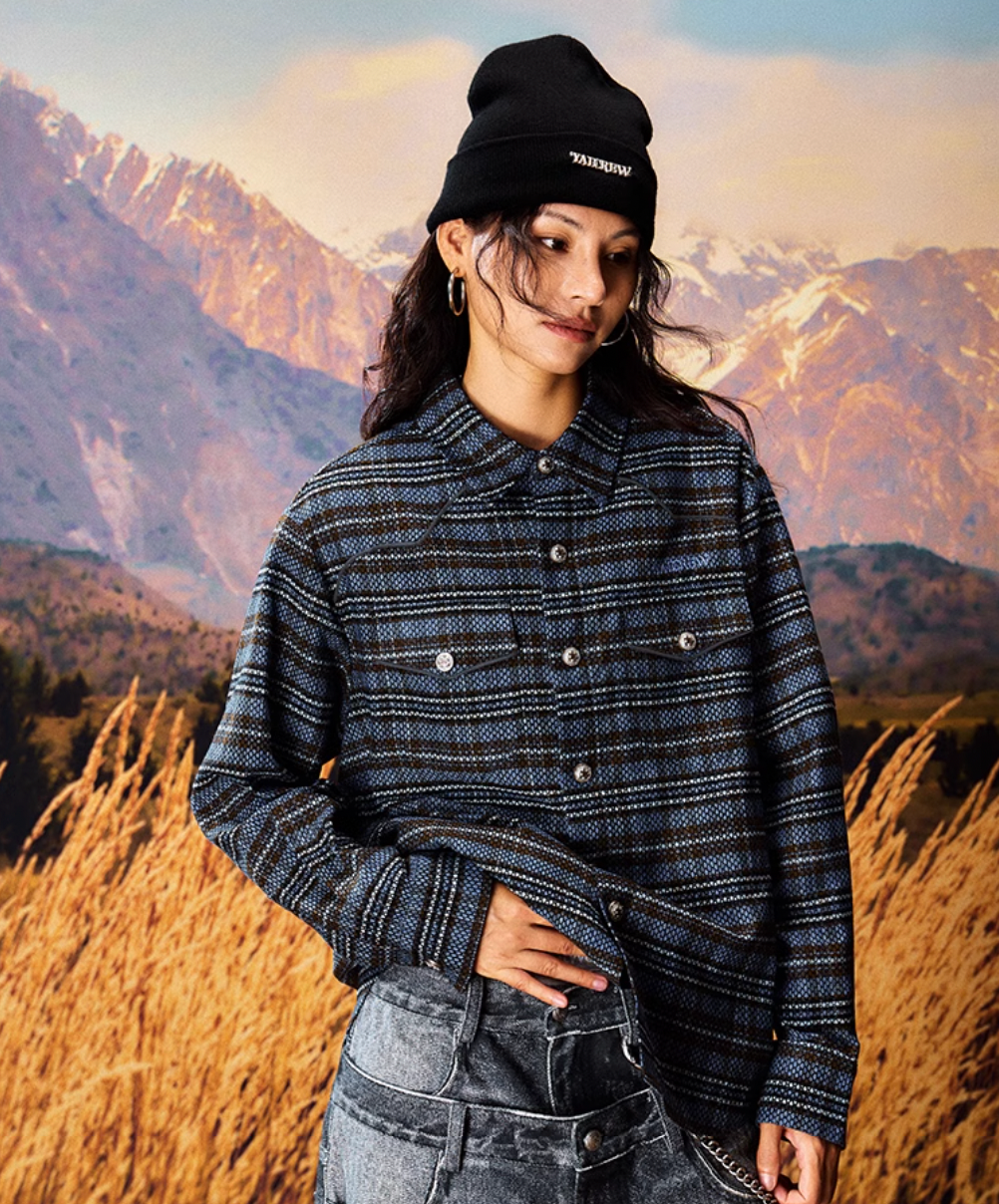 YADcrew Grid Textured Plaid Long Sleeve Shirt