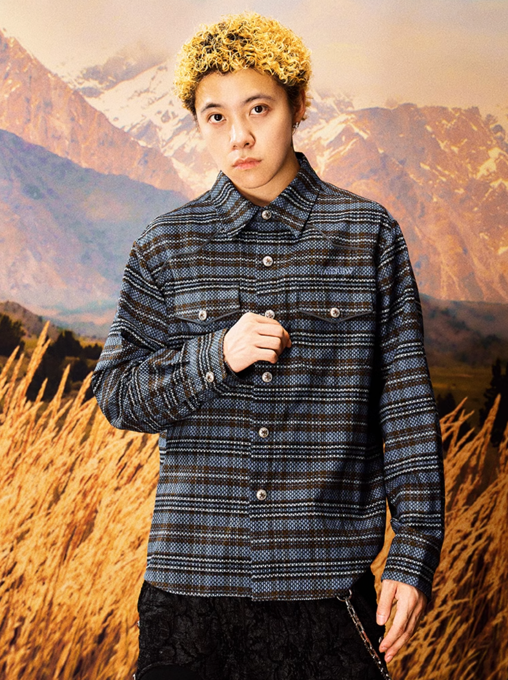 YADcrew Grid Textured Plaid Long Sleeve Shirt