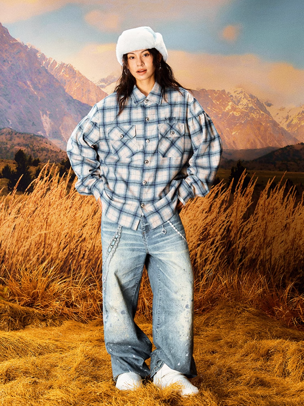 YADcrew Imitation Paper Plaid Pleated Long Sleeve Shirt