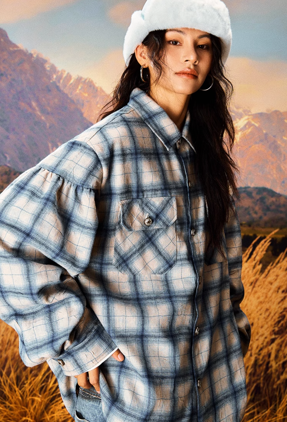 YADcrew Imitation Paper Plaid Pleated Long Sleeve Shirt