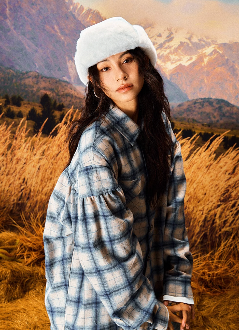 YADcrew Imitation Paper Plaid Pleated Long Sleeve Shirt