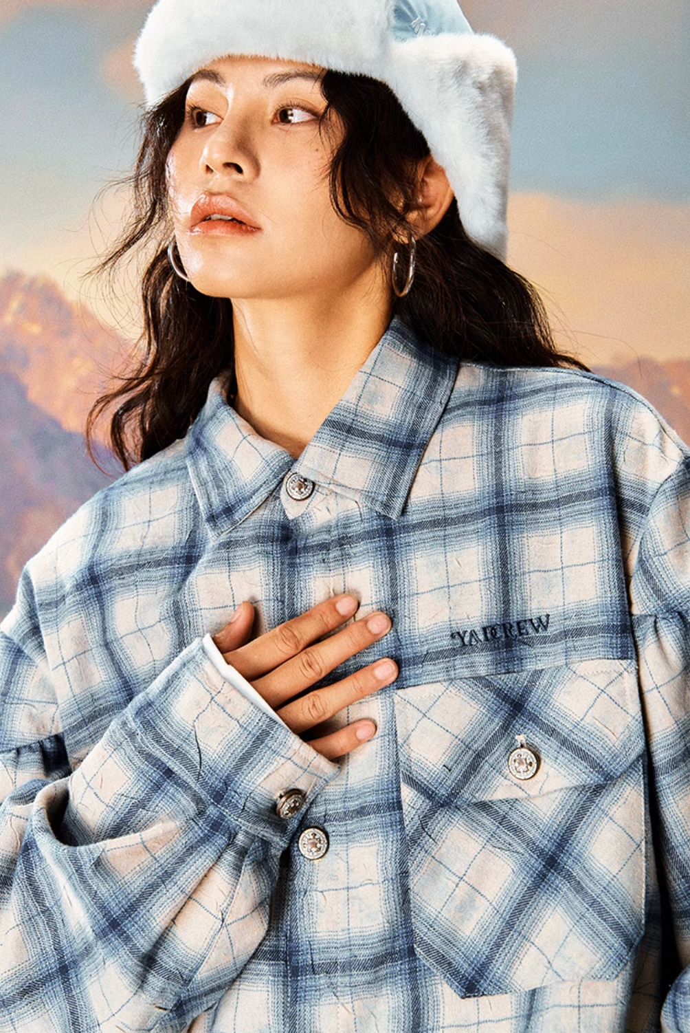 YADcrew Imitation Paper Plaid Pleated Long Sleeve Shirt