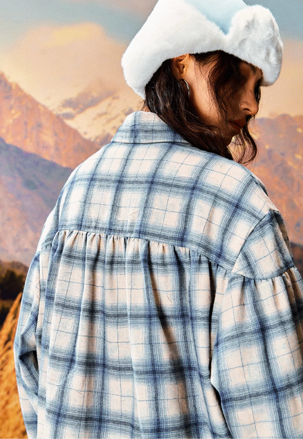 YADcrew Imitation Paper Plaid Pleated Long Sleeve Shirt