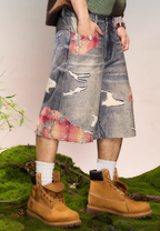 YADcrew Evening Lace Print Denim Shorts
