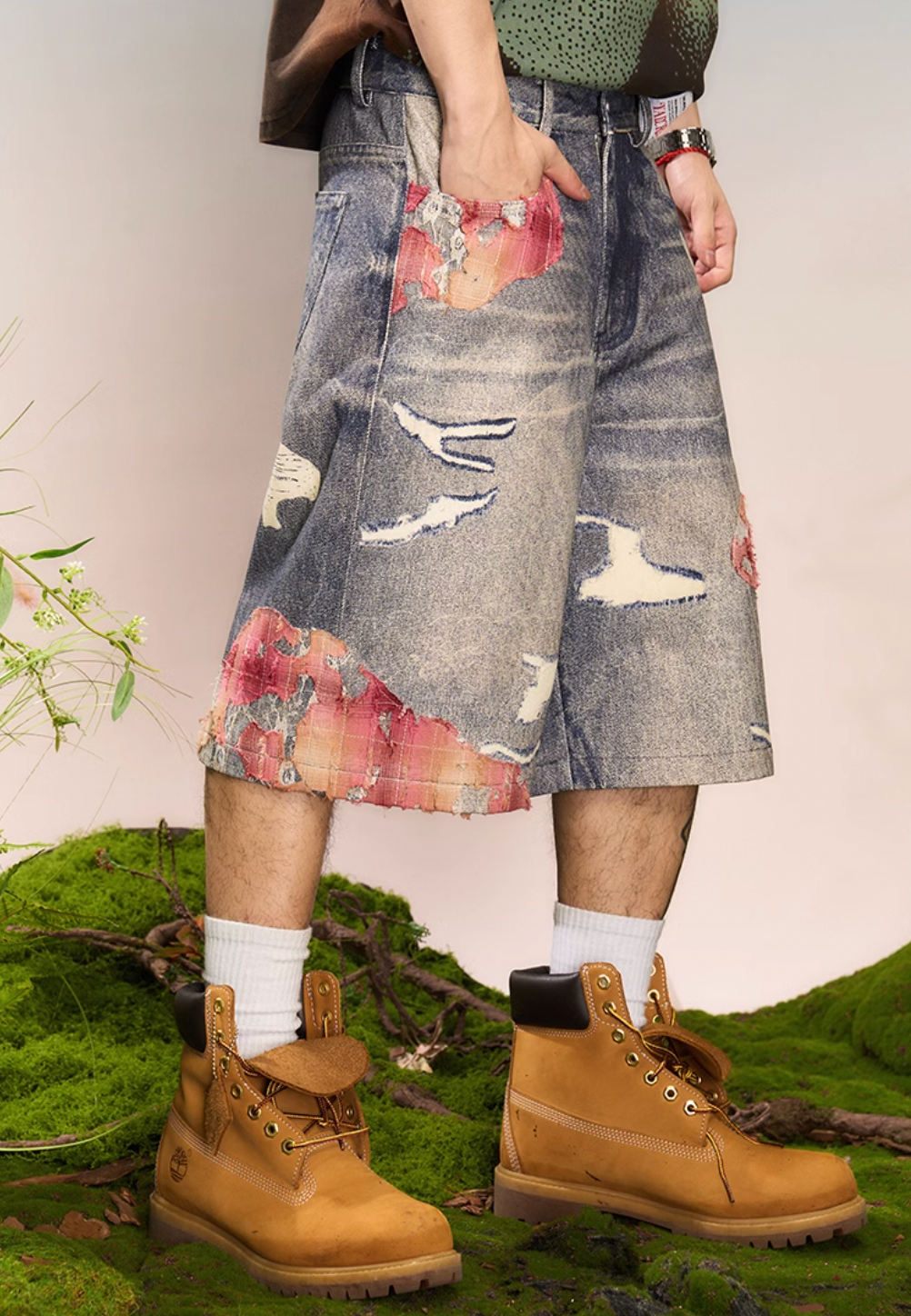 YADcrew Evening Lace Print Denim Shorts