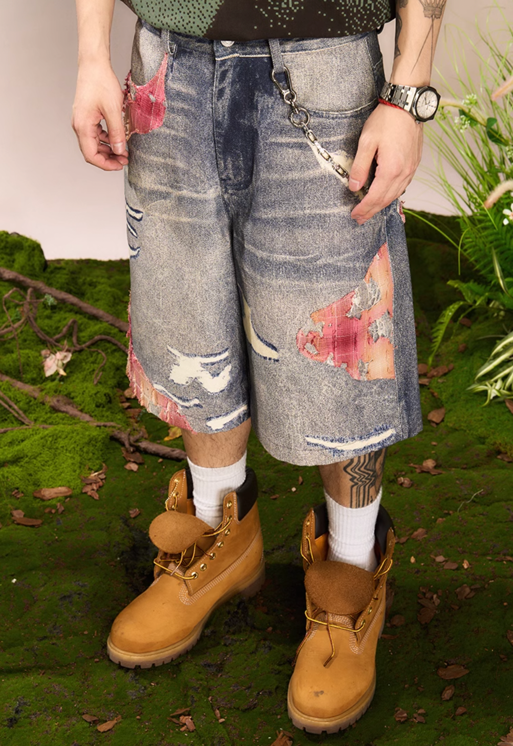 YADcrew Evening Lace Print Denim Shorts