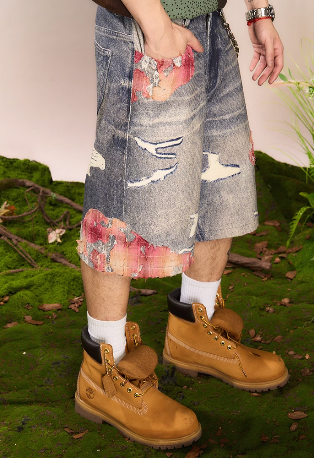 YADcrew Evening Lace Print Denim Shorts
