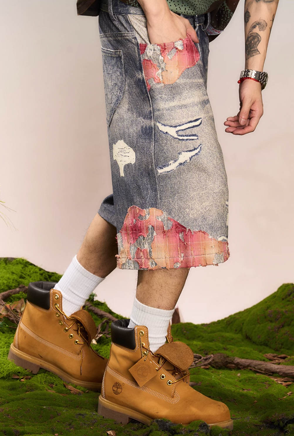 YADcrew Evening Lace Print Denim Shorts