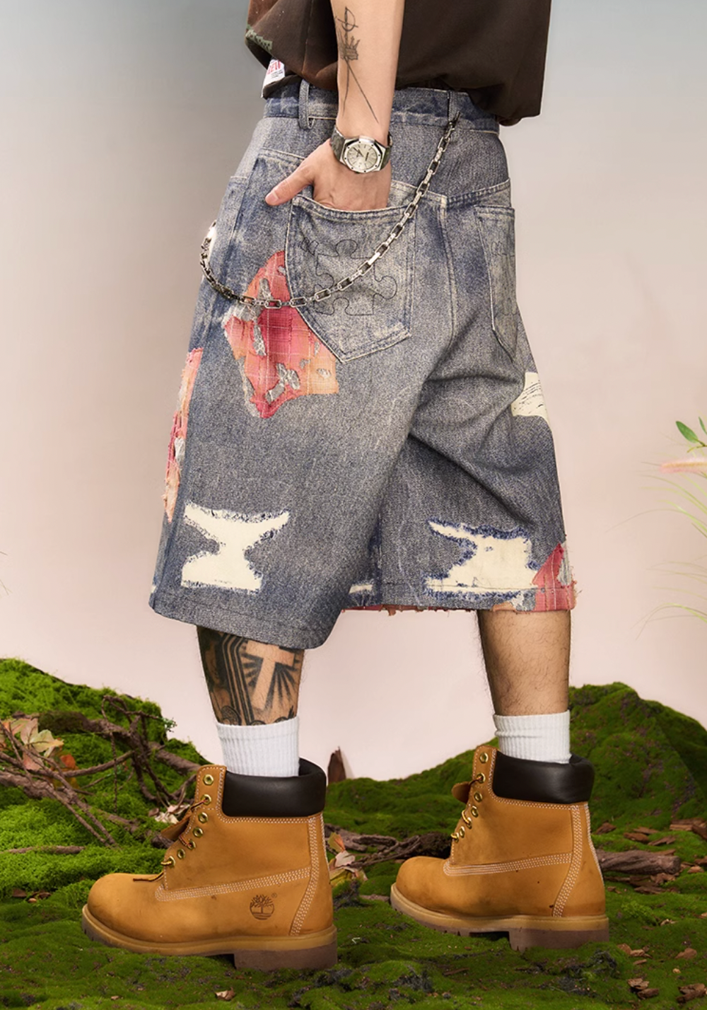 YADcrew Evening Lace Print Denim Shorts