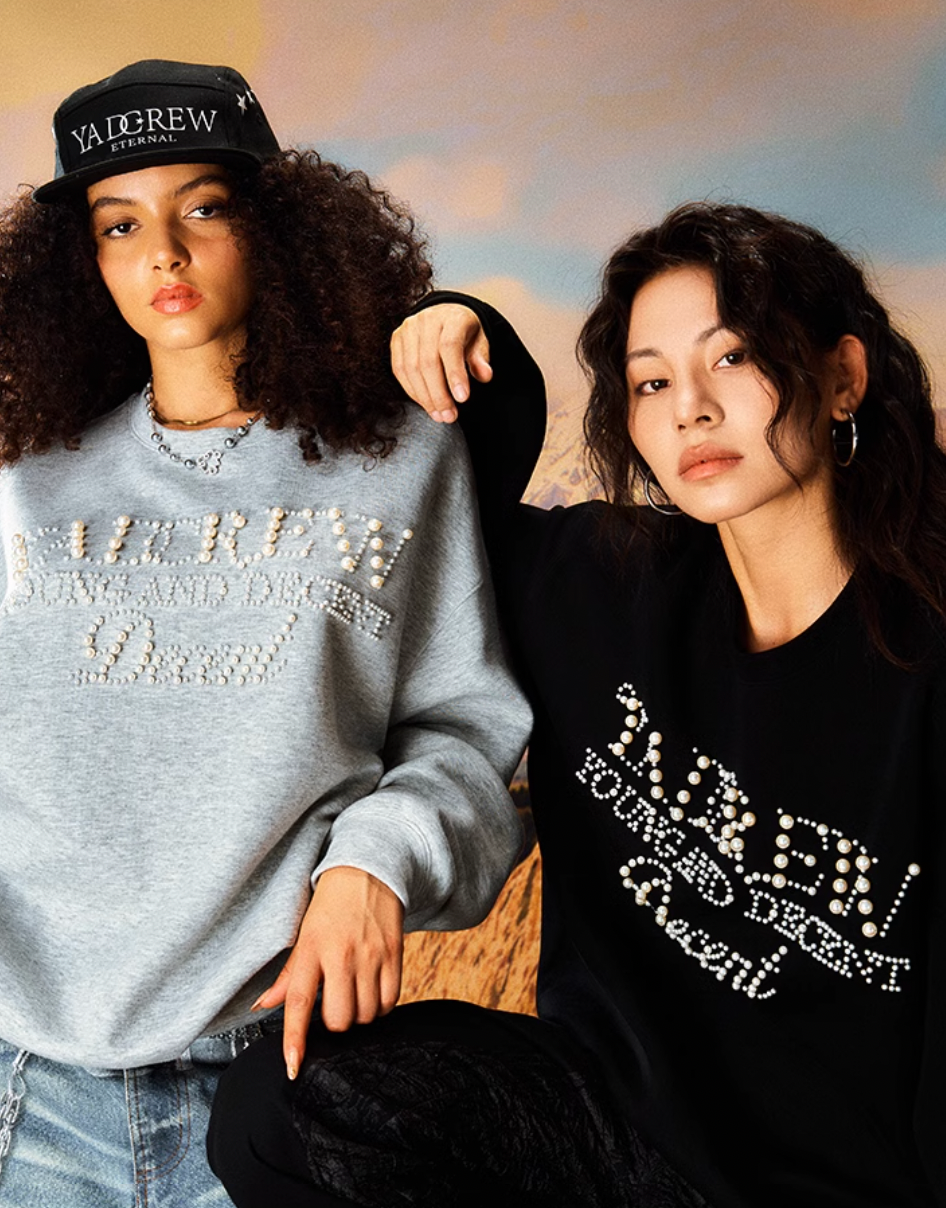 YADcrew Pearl Beadwork Text Typography Sweatshirt
