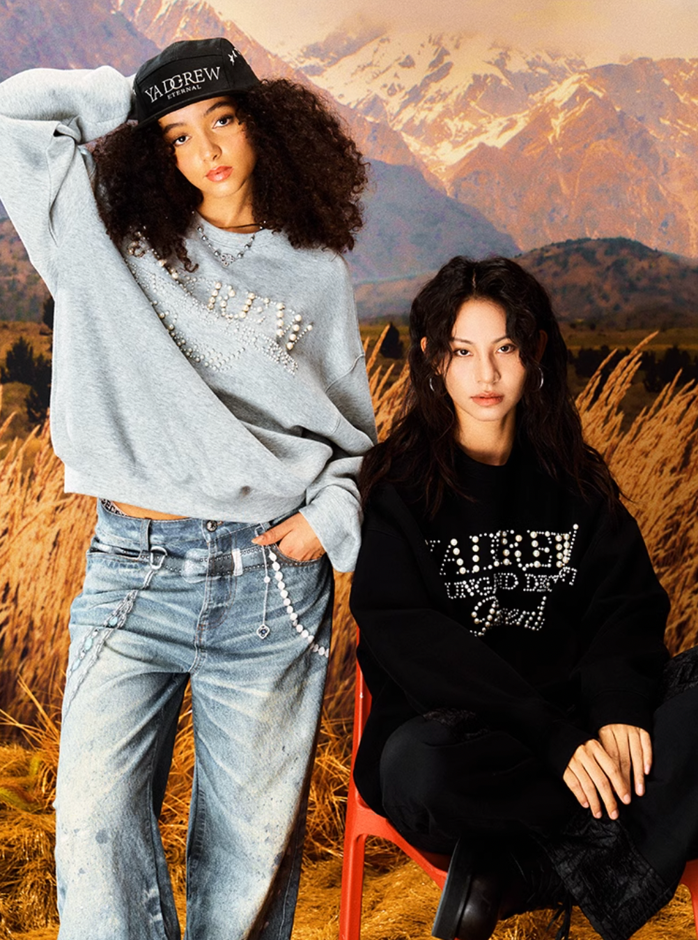 YADcrew Pearl Beadwork Text Typography Sweatshirt