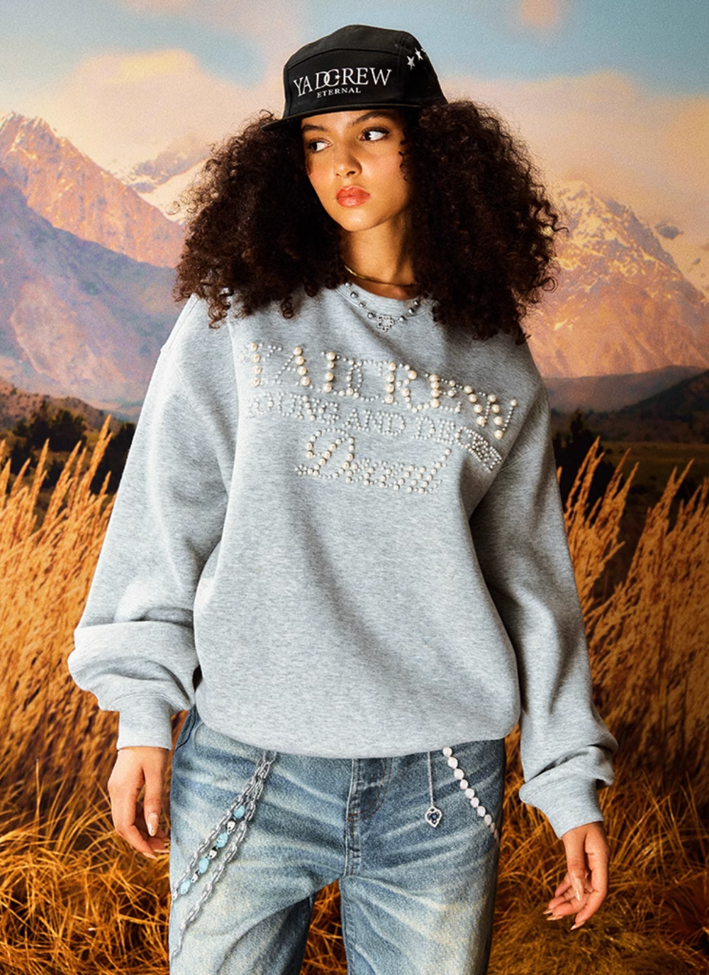 YADcrew Pearl Beadwork Text Typography Sweatshirt