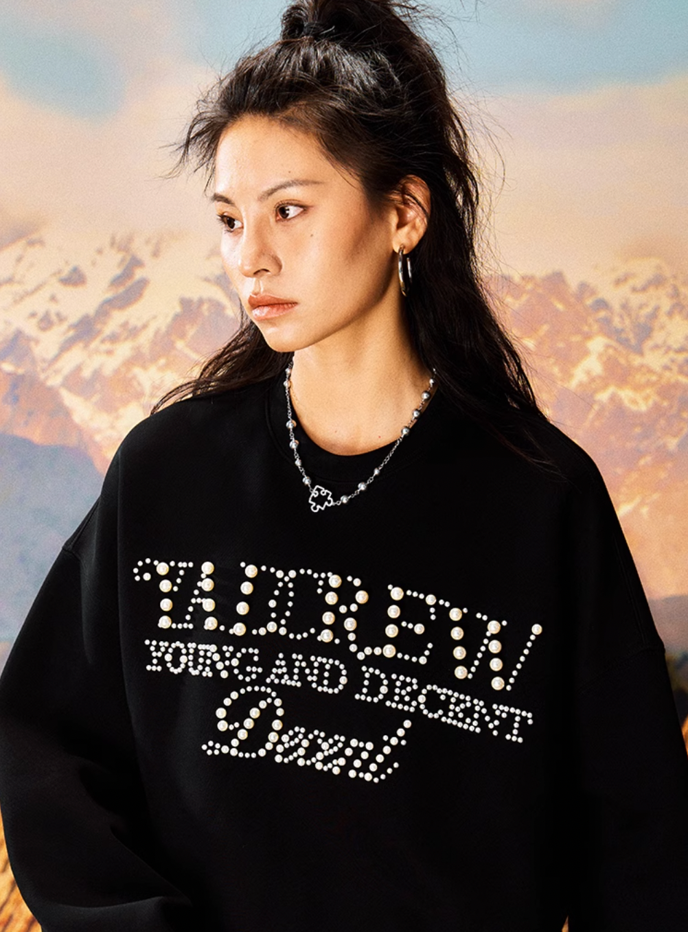 YADcrew Pearl Beadwork Text Typography Sweatshirt