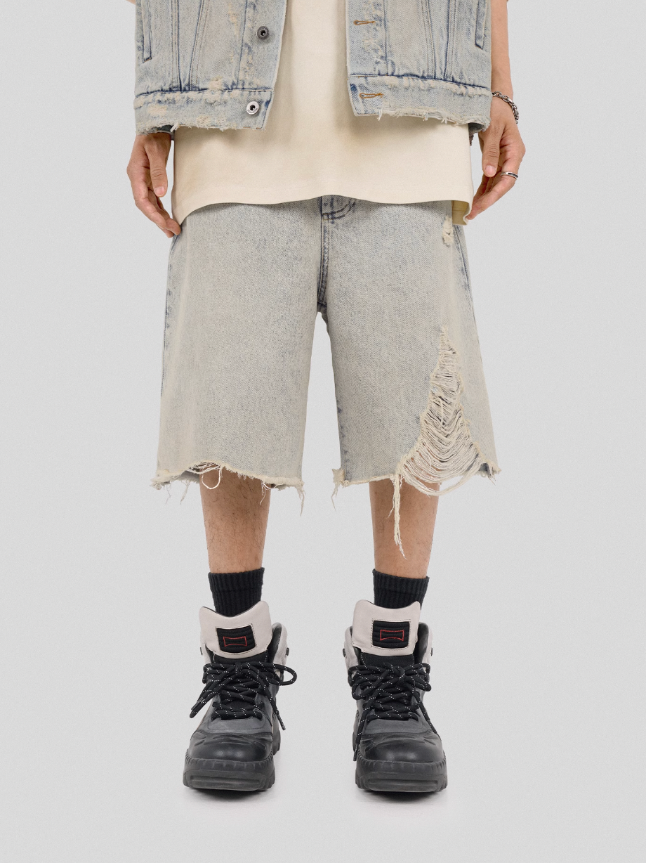 UNDERWATER Washed Damaged Light Blue Denim Shorts | Baggy Jorts