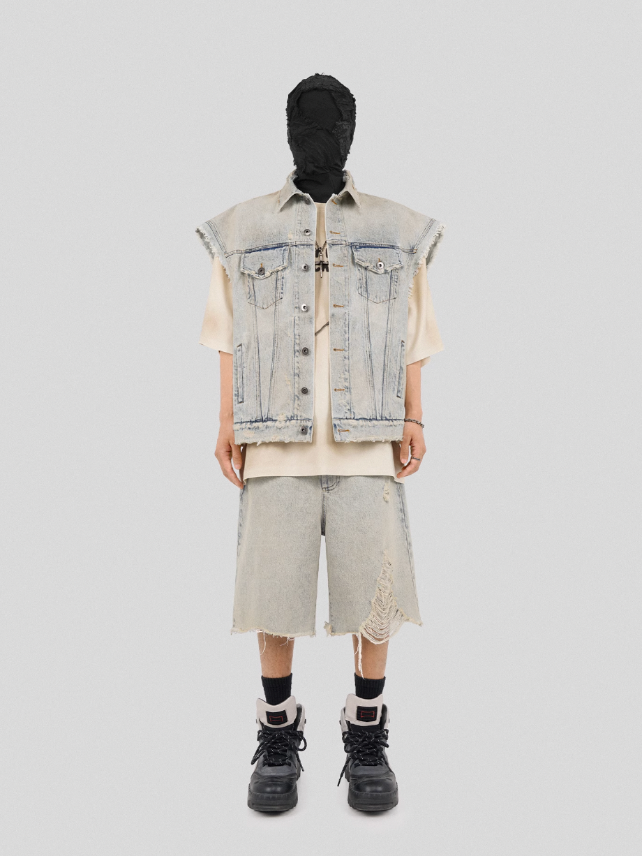 UNDERWATER Washed Damaged Light Blue Denim Shorts | Baggy Jorts