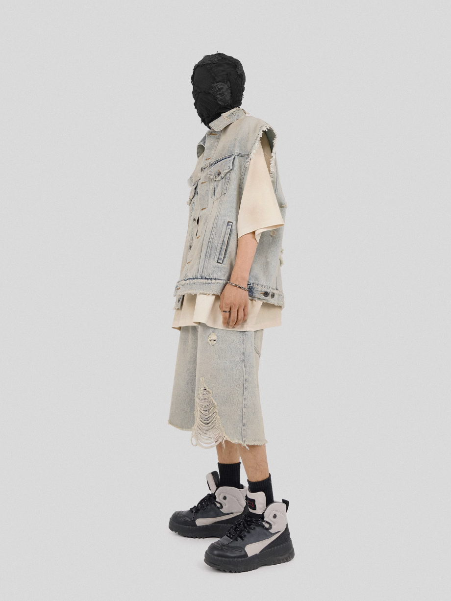 UNDERWATER Washed Damaged Light Blue Denim Shorts | Baggy Jorts